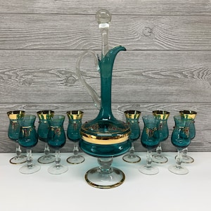 Vintage Decanter - Wine Decanter and Glass Set - Murano Art Glass Barware - Genie Bottle