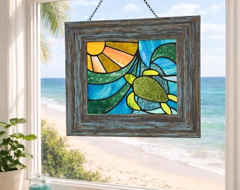 Vetrata con tartaruga marina, acchiappasole in vetro colorato, decorazione da spiaggia costiera, tramonto sull'oceano, arte da finestra, arazzo nautico fatto a mano