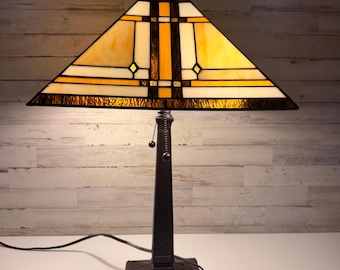 Lampada da tavolo in vetro colorato in stile Arts & Crafts, lampada da missione vintage, lampada da tavolo in stile prateria, arredamento per la casa ispirato al vintage