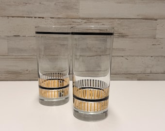 Bicchieri Highball vintage Mid Century Modern, neri e oro, Culver Pinstripe Atomic, bicchieri da bar retrò Collins, bicchieri da cocktail MCM