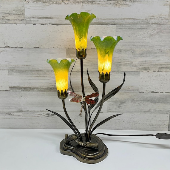 Dale Tiffany Lamp Tulip and Dragonfly Vintage Lamp Green Glass
