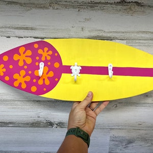 Surfboard Towel Hook - Surfboard Coat Rack - Wall Hook Set - Beach Bathroom Decor - Patio Towel Holder - Flower Power