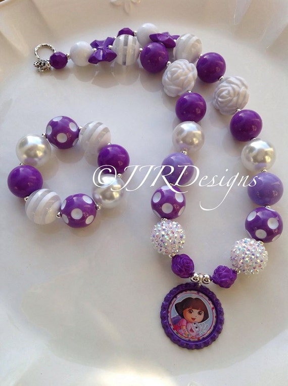 Dora Inspired Girl Necklace-Dora the Explorer Inspired Necklace- Chunky Necklace-Bubble Gum Dora Il_570xn