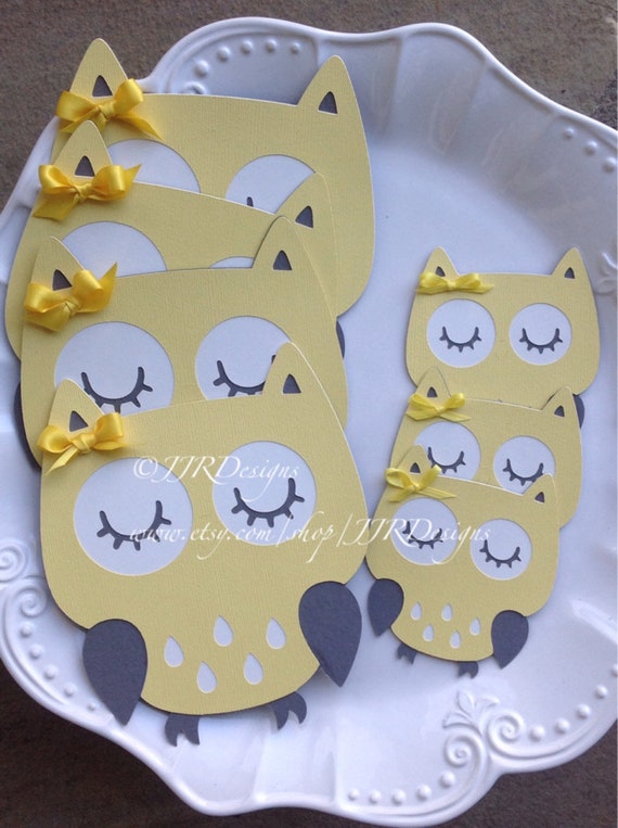 Owl Cut Outs - Owl Die Cut- Yellow/Gray Owl- Birthday Party-Baby Shower Owl-Diaper Cake Owls- Centerpiece Owls Il_570xn