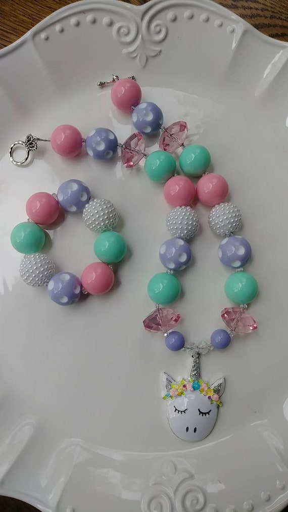 Sleepy Unicorn Chunky Necklaces- Unicorn Birthday Necklace- Unicorn Necklace- Unicorn Birthday Necklace Il_570xn