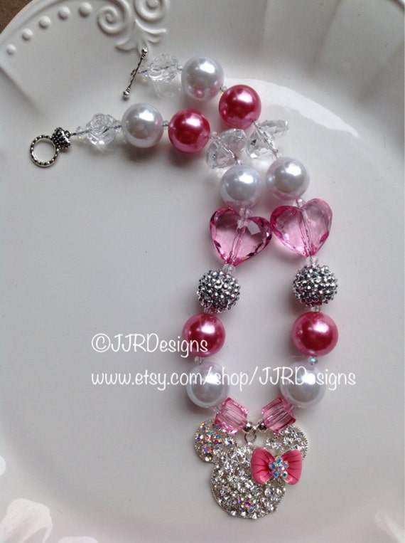 Minnie Mouse Inspired Girl Necklace- Pink Rhinestone Minnie-Chunky-Bubble Gum Necklace- Minnie Rhinestone Il_570xn