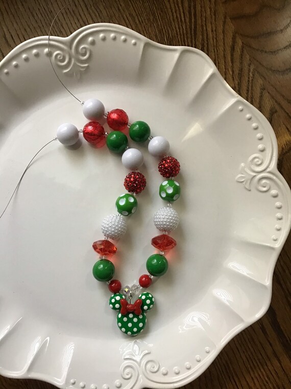 Christmas Necklace-Green Mouse-Chunky-Bubble Gum Necklace- Christmas Mouse Necklace Il_570xn