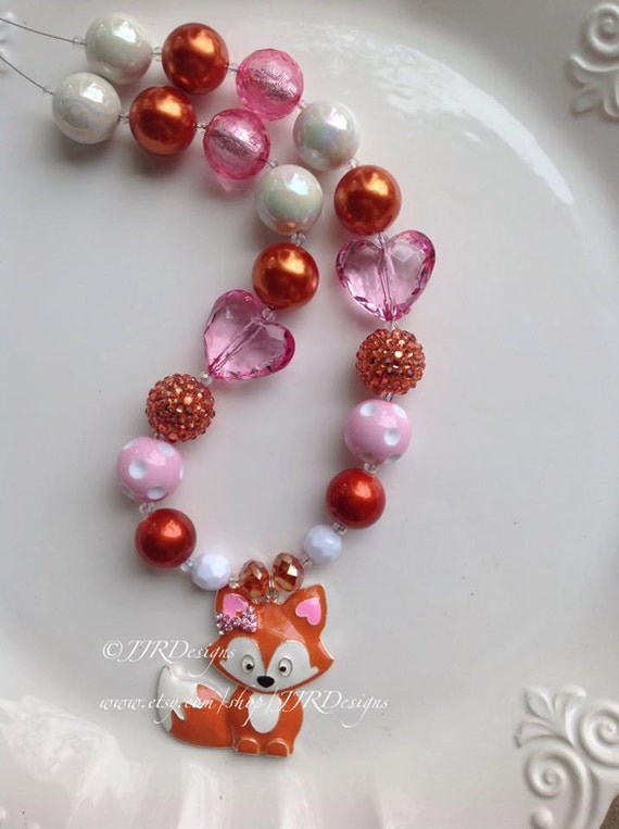 Fox Girl Necklace- Red and Pink Chunky Necklace- Bubble Gum Necklace- Woodland Necklace- Fox Pendant Il_570xn