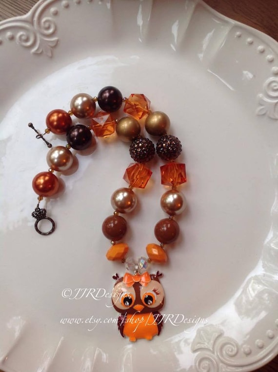 Fall Necklace- Fall Chunky Necklace- Fall Bubble Gum Necklace- Fall Cutie Owl Necklace- Owl Necklace- Fall Owl Il_570xn