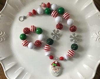 Christmas Necklace- Santa Necklace- Santa-Chunky-Bubble Gum Necklace- Christmas Necklace