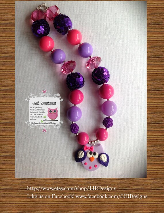 Purple Owl Girl Necklace- Owl Necklace-Chunky-Bubble Gum Necklace-owl necklace-purpe owl Il_570xn