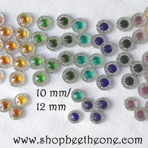 Set van 10 ronde cabochons met strass-steentjes en gekleurde steentjes - 10 mm of 12 mm - 12 kleuren beschikbaar