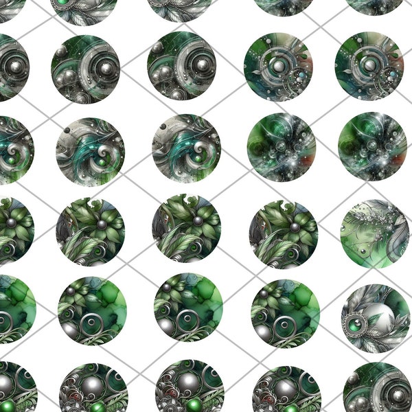 Images digitales pour Cabochons Abstrait Vert/argent Inspiration sci-fi/steampunk - 128 images x 20 mm 30 mm, 1 inch - A télécharger