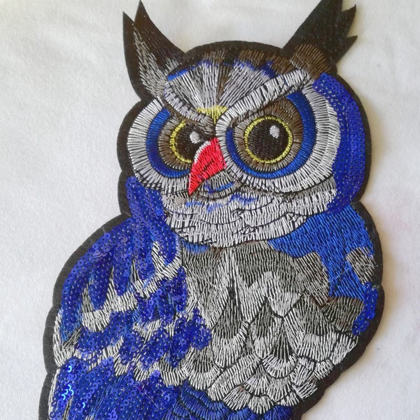 Maxi Applique broderie à sequins patch Grand Hibou 30,5 x 15 cm (à coudre)