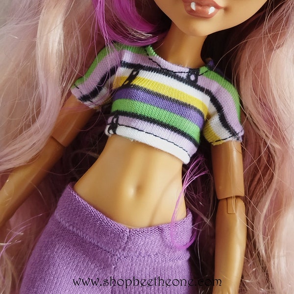 Crop top rayé motif "Zip" pour poupées Monster High G1/G2/G3 - Tissu Exclusif - Collection Life in Stripes