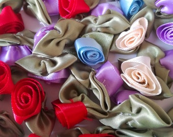 Set of 5 Pink Satin Flower Appliques - 9 colors to choose from - for decoration, customization, weddings, scrapbooking...