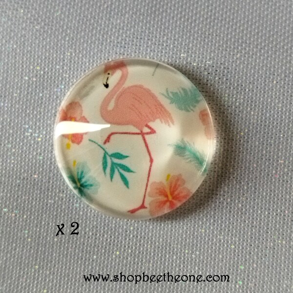 Lot de 2 Cabochons ronds en verre loupe avec image "Flamants roses" - 20 mm