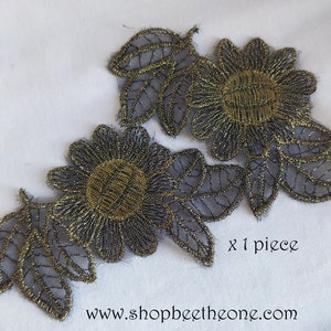 Applique Dentelle et Broderie "Fleur et feuilles" - 11 x 5,5 cm (à coudre) - doré - pour décoration, customisation, mariage, scrapbooking..