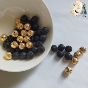 Lot de 5 Perles rondes en pierre de lave naturelle - grade A - 10 mm - Naturel ou doré