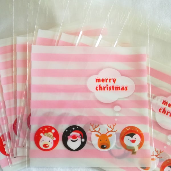 Lot de 10 sachets emballage auto-adhésif "Merry Christmas" pour petits cadeaux, biscuits... - 10 x 10 cm - rayures roses