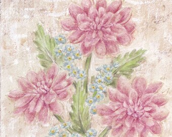 Dalhias Pink  Art Print Floral Vintage Style Open Edition Artist Signed 8x10 by Audrey Ascenzo