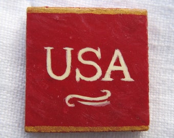 USA Red Patriotic Brooch Square Original Hand Painted Wood Tie Tac Pin by Audrey Ascenzo