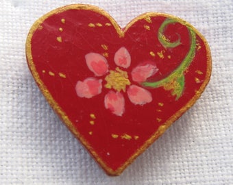 Sweet Little Heart Brooch Pink Flower Red Heart Original Hand Painted Wood Tie Tac Pin by Audrey Ascenzo