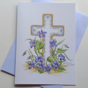 Sympathy Greeting Card Cross with Violets Card Paper Greeting Card 5x7 with Purple Envelope Religious Sympathy Card image 9