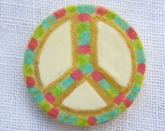 Peace Sign Brooch Colorful Multi-Colored Hand Painted Original Round Wood Pin by Audrey Ascenzo