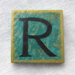 R Initial Letter Brooch Vintage Style Teal Square Original Hand Painted Wood Pin by Audrey Ascenzo image 1