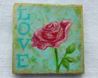 Beautiful Rose Brooch Flower of Love Original Hand Painted Square Wood Pin by Audrey Ascenzo