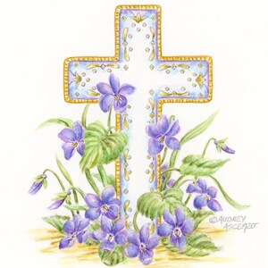 Sympathy Greeting Card Cross with Violets Card Paper Greeting Card 5x7 with Purple Envelope Religious Sympathy Card image 5