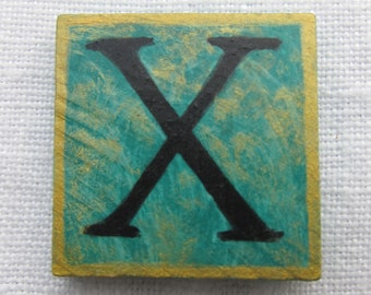 X Initial Brooch Letter Vintage Style Teal Square Original Hand Painted Wood Tie Tac Pin by Audrey Ascenzo