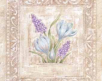 Spring Crocus Art Print with Grape Hyacinth Blue and Purple Vintage Style Open Edition Signed 8x8 by Audrey Ascenzo