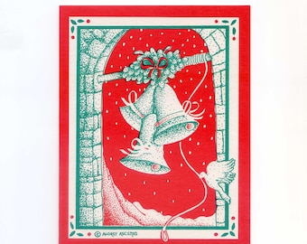 Dove Ringing Bells Two Colors Red Green Blank Christmas Cards Thank You Cards Notecards Package of 6 by Audrey Ascenzo