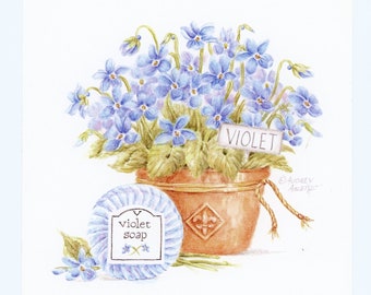 Beautiful Blue Violets in Garden Pot Art Print Aroma Care 6 x 6 Open Edition Poster Signed Art Print by Audrey Ascenzo