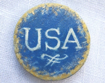 USA Brooch Patriotic Blue Vintage Style Original Hand Painted Wood Pin by Audrey Ascenzo