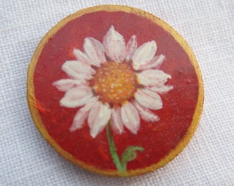 Bright Daisy Brooch Red and White Original Hand Painted Wood Pin by Audrey Ascenzo