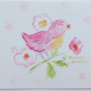 Pink Baby Bird Watercolor Original Art Artist Trading Card ACEO Mini Painting Matted Greeting Card by Audrey Ascenzo