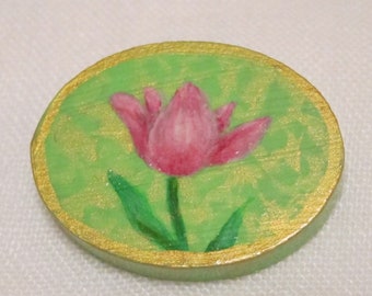 Spring Tulip Brooch Bright Pink Green Hand Painted Oval Wood Pin by Audrey Ascenzo