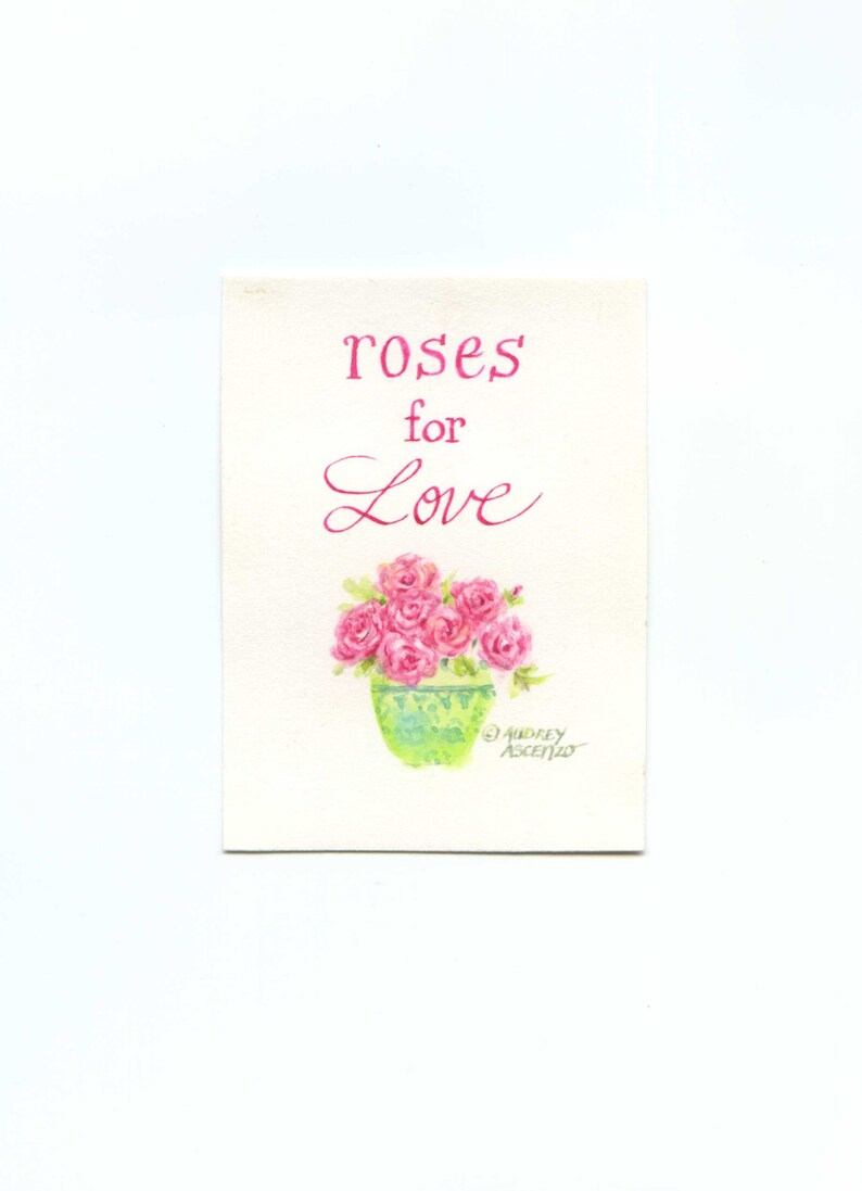 Roses for Love Watercolor Miniature Artwork Artist Trading Card Mini Watercolor Painting Roses Matted Greeting Card by Audrey Ascenzo