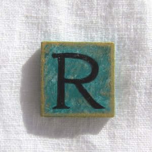 R Initial Letter Brooch Vintage Style Teal Square Original Hand Painted Wood Pin by Audrey Ascenzo image 9