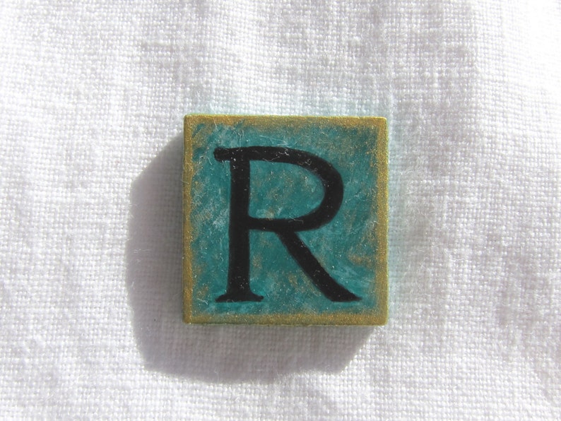 R Initial Letter Brooch Vintage Style Teal Square Original Hand Painted Wood Pin by Audrey Ascenzo image 9