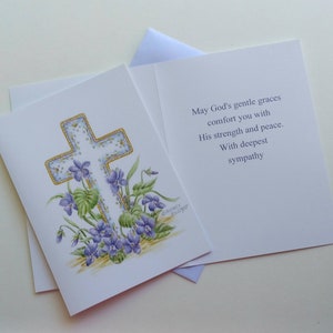 Sympathy Greeting Card Cross with Violets Card Paper Greeting Card 5x7 with Purple Envelope Religious Sympathy Card image 4