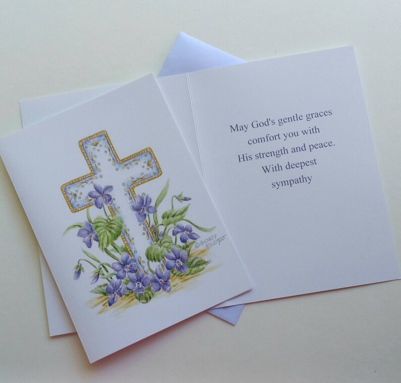 Sympathy Greeting Card Cross with Violets Card Paper Greeting Card 5x7 with Purple Envelope Religious Sympathy Card image 4