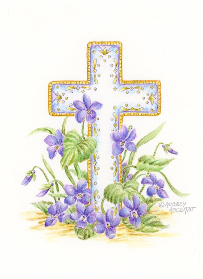 Sympathy Greeting Card Cross with Violets Card Paper Greeting Card 5x7 with Purple Envelope Religious Sympathy Card image 5