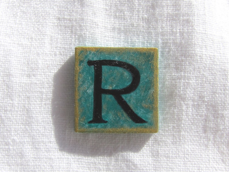 R Initial Letter Brooch Vintage Style Teal Square Original Hand Painted Wood Pin by Audrey Ascenzo image 10