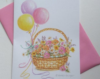 Birthday Basket and Balloons Special Wishes Greeting Card with Pink Envelope 5x7 Paper Card by Audrey Ascenzo