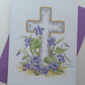 Sympathy Greeting Card Cross with Violets Card Paper Greeting Card 5x7 with Purple Envelope Religious Sympathy Card image 2