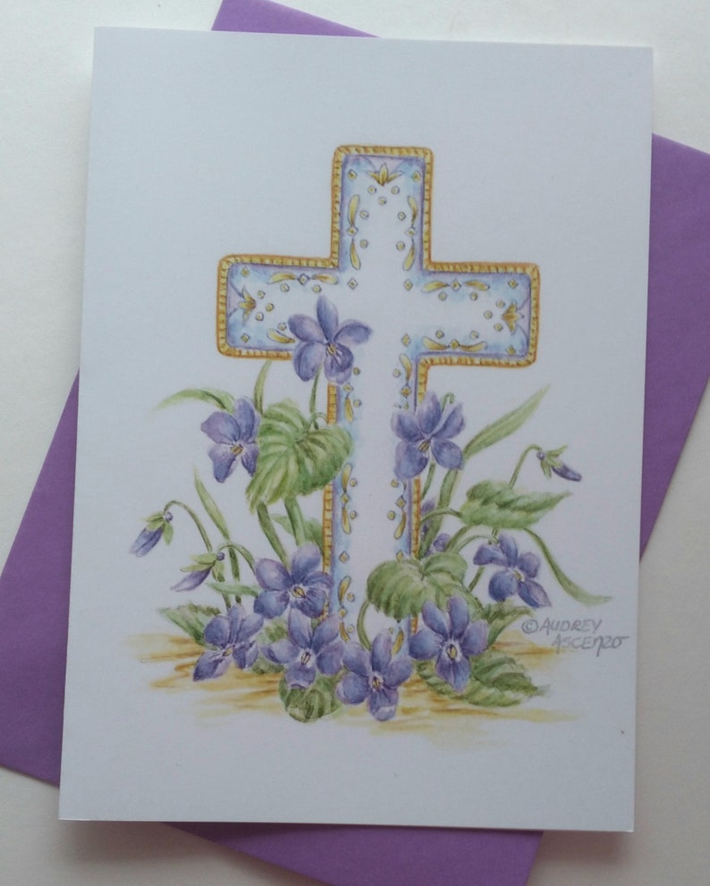 Sympathy Greeting Card Cross with Violets Card Paper Greeting Card 5x7 with Purple Envelope Religious Sympathy Card image 2